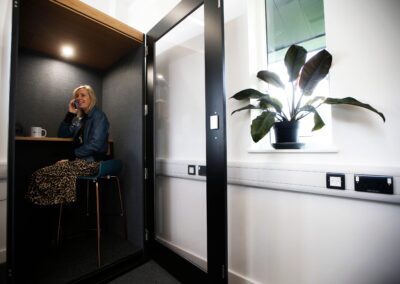 Using the phone booth at the Barclays Eagle Labs co-working area at the Wood Centre for Innovation.