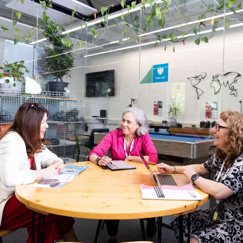 Team sitting at a meeting desk in the Barclays Eagle Lab at the Wood Centre for Innovation, May 2025.