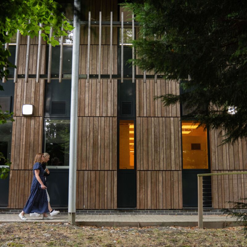 People walking outside the Wood Centre for Innovation past the mature trees.