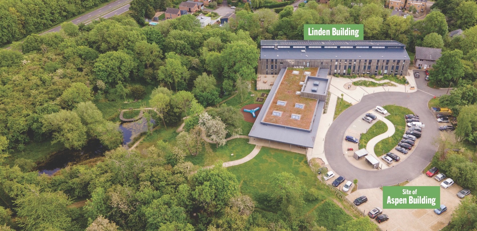 Aerial image of the Wood Centre for Innovation with site of Aspen building labelled of Linden building labelled.